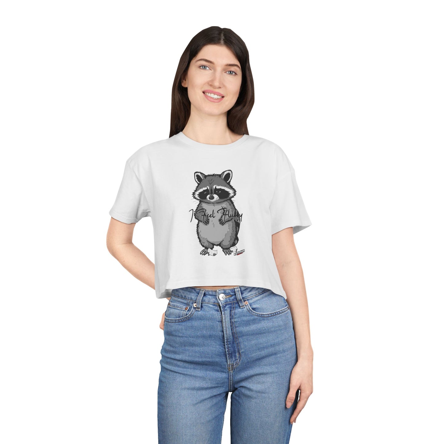 Cute Raccoon Women's Crop Tee, Casual T-Shirt, Animal Lover Gift, Summer Top, Unique Graphic Crop Top, Fun Wildlife Apparel