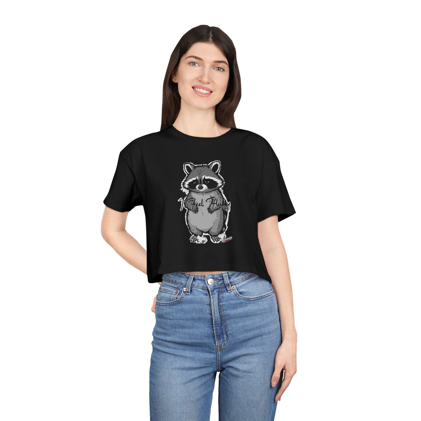 Cute Raccoon Women's Crop Tee, Casual T-Shirt, Animal Lover Gift, Summer Top, Unique Graphic Crop Top, Fun Wildlife Apparel