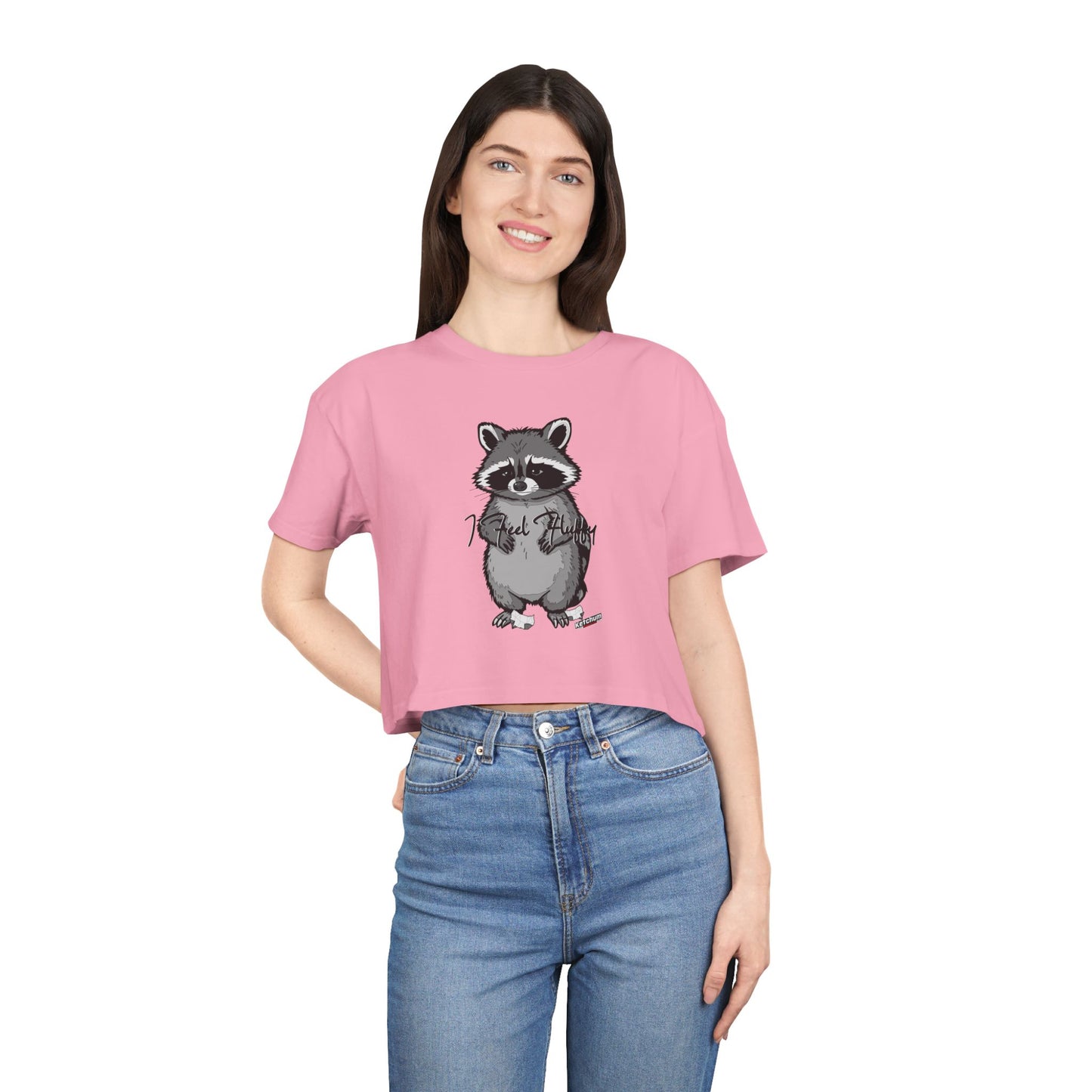 Cute Raccoon Women's Crop Tee, Casual T-Shirt, Animal Lover Gift, Summer Top, Unique Graphic Crop Top, Fun Wildlife Apparel